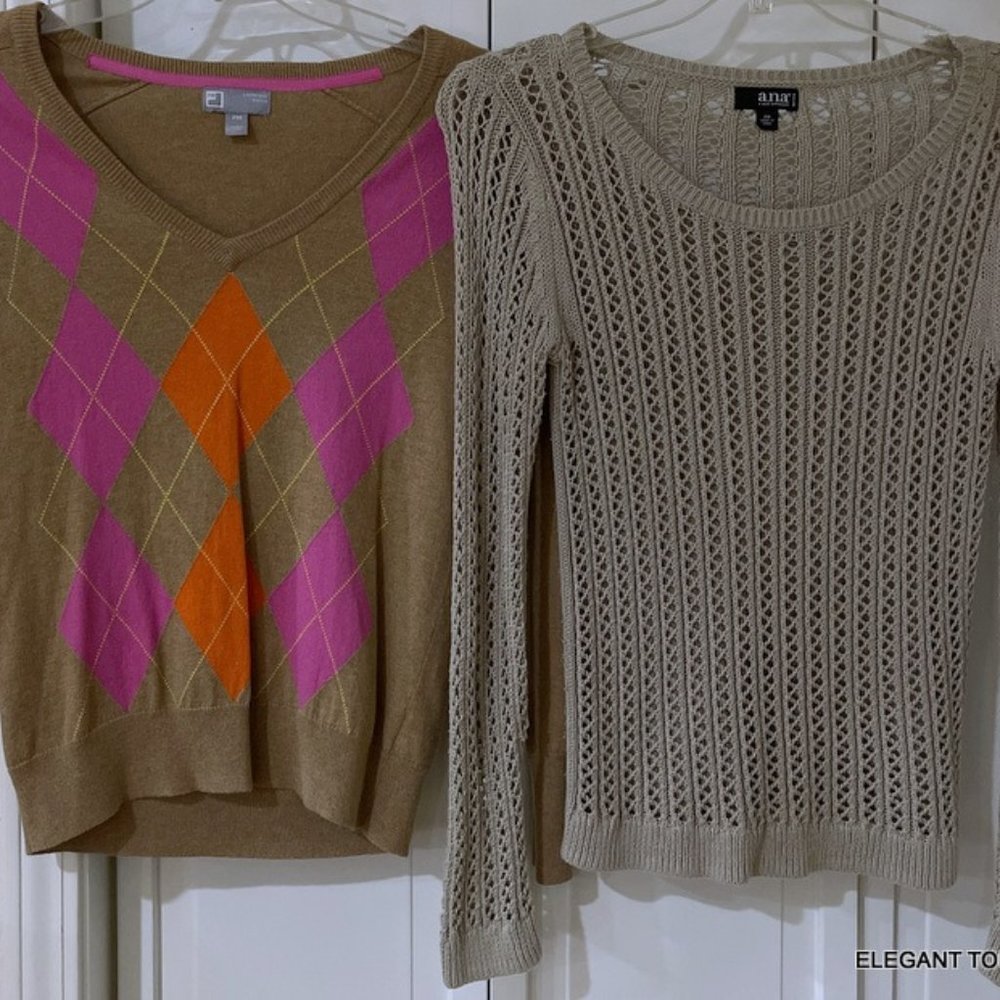 a.n.a Sweater Top LOT Womens PM Brown Argyle Cashmere Blend Crochet Open Knit